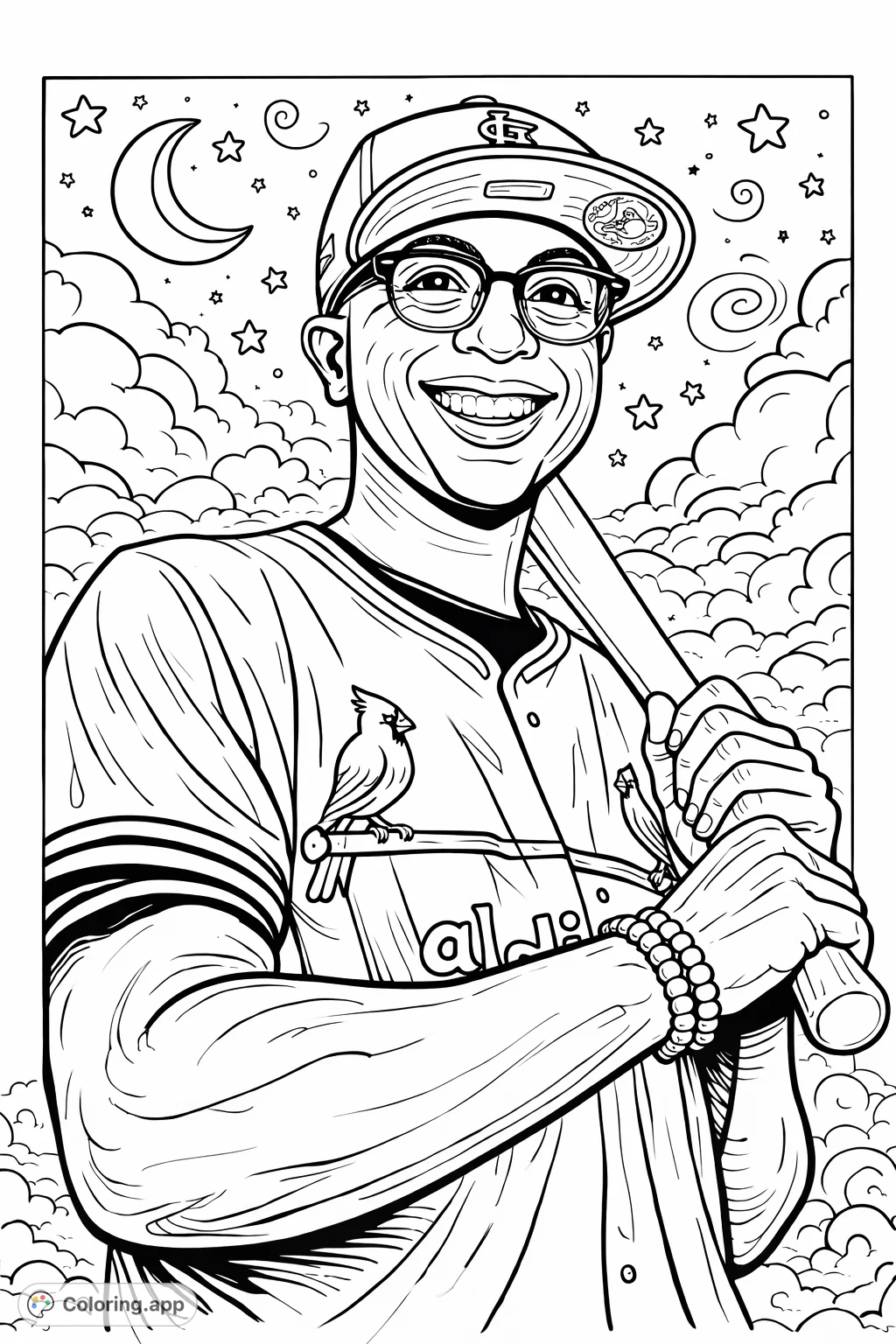A cheerful person in a baseball jersey and cap, holding a bat. This fun, cartoony scene with a surreal touch invites creativity and imagination for all ages.