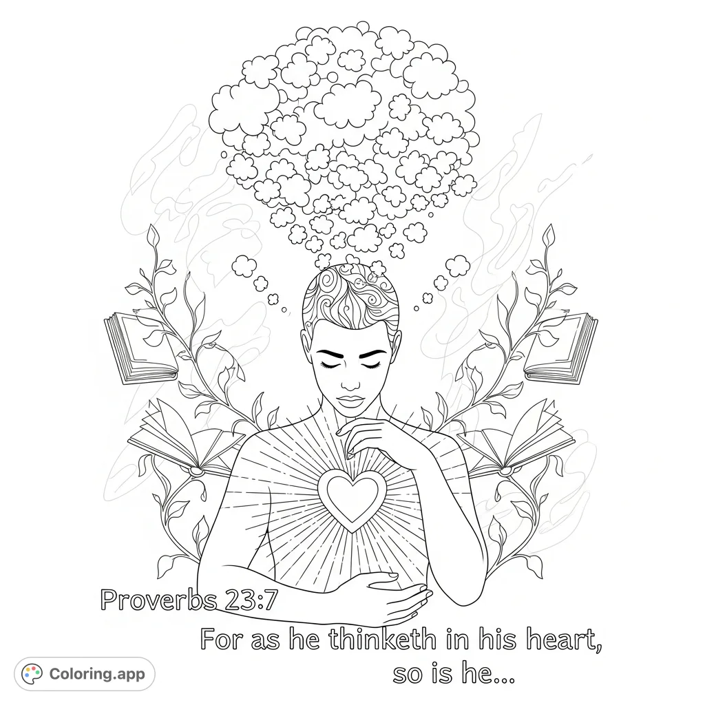 Contemplate the wisdom of Proverbs 23:7 with this inspiring coloring page, featuring a serene figure, symbolic heart, and thought-provoking elements for reflection.