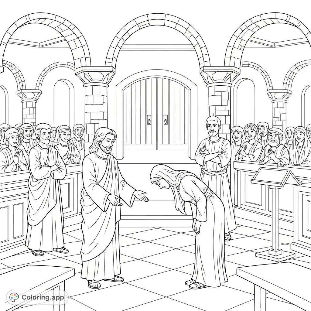 A powerful Jesus healing coloring page depicting the miraculous restoration of a bowed woman in a synagogue, surrounded by an emotional crowd. Engage in this free printable biblical scene.