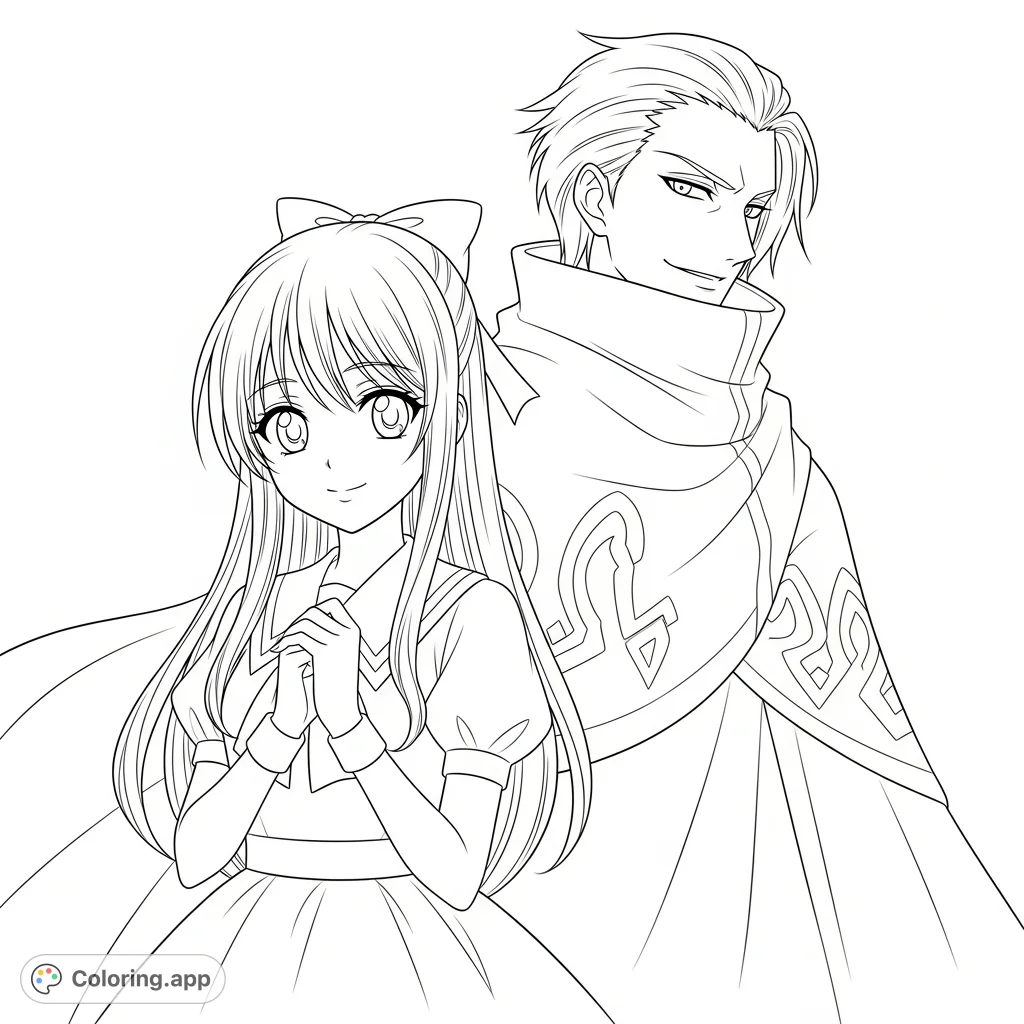 A sweet anime kawaii girl with a mysterious, unsettling figure looming behind her. A captivating scene for an anime coloring page, perfect for colorists.