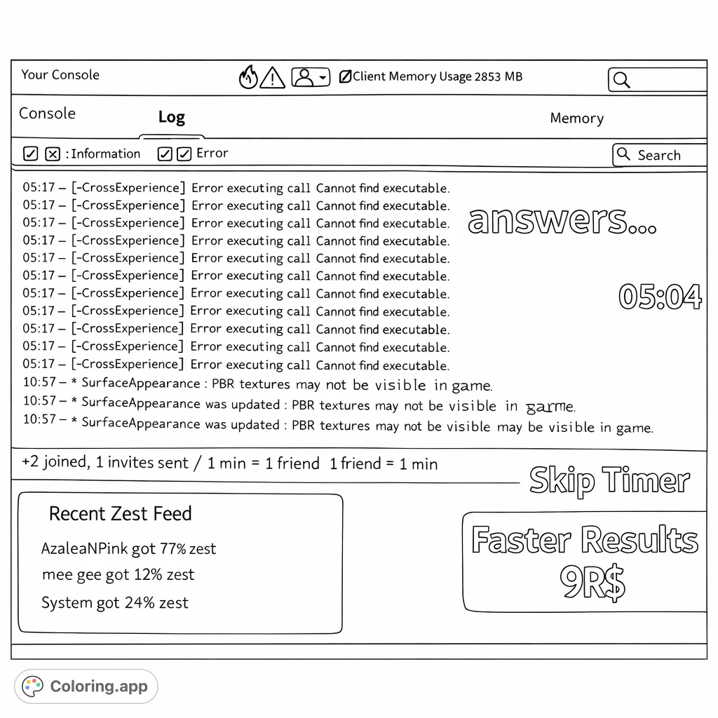 Explore an intricate digital system console interface filled with logs, errors, and gaming elements. A unique tech-themed coloring page for detailed creativity.