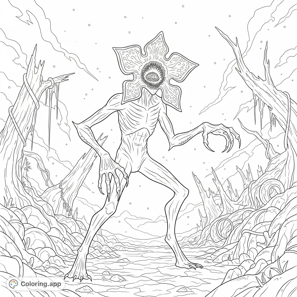 A fearsome Demogorgon prepares to strike in the eerie, vine-covered landscape of the Upside Down, perfect for a dramatic coloring experience.