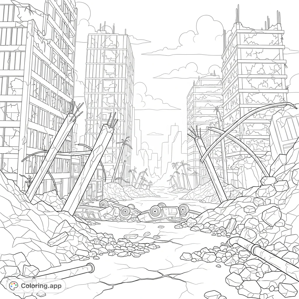 Explore a haunting dystopian urban landscape after immense destruction. Color skeletal buildings, twisted metal, and vast fields of rubble.