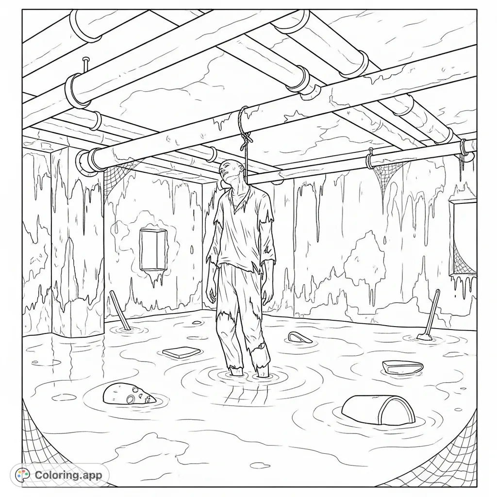 An unsettling scene of a flooded, grungy basement with a body suspended from pipes, evoking a chilling, macabre atmosphere for a dark coloring experience.