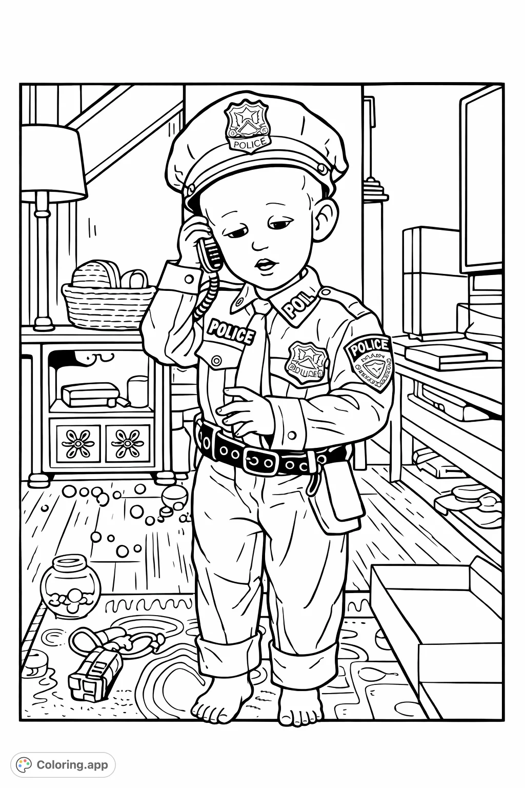 A charming cartoony police officer coloring page featuring a child in uniform, holding a radio. Perfect for inspiring young heroes and community helper play.