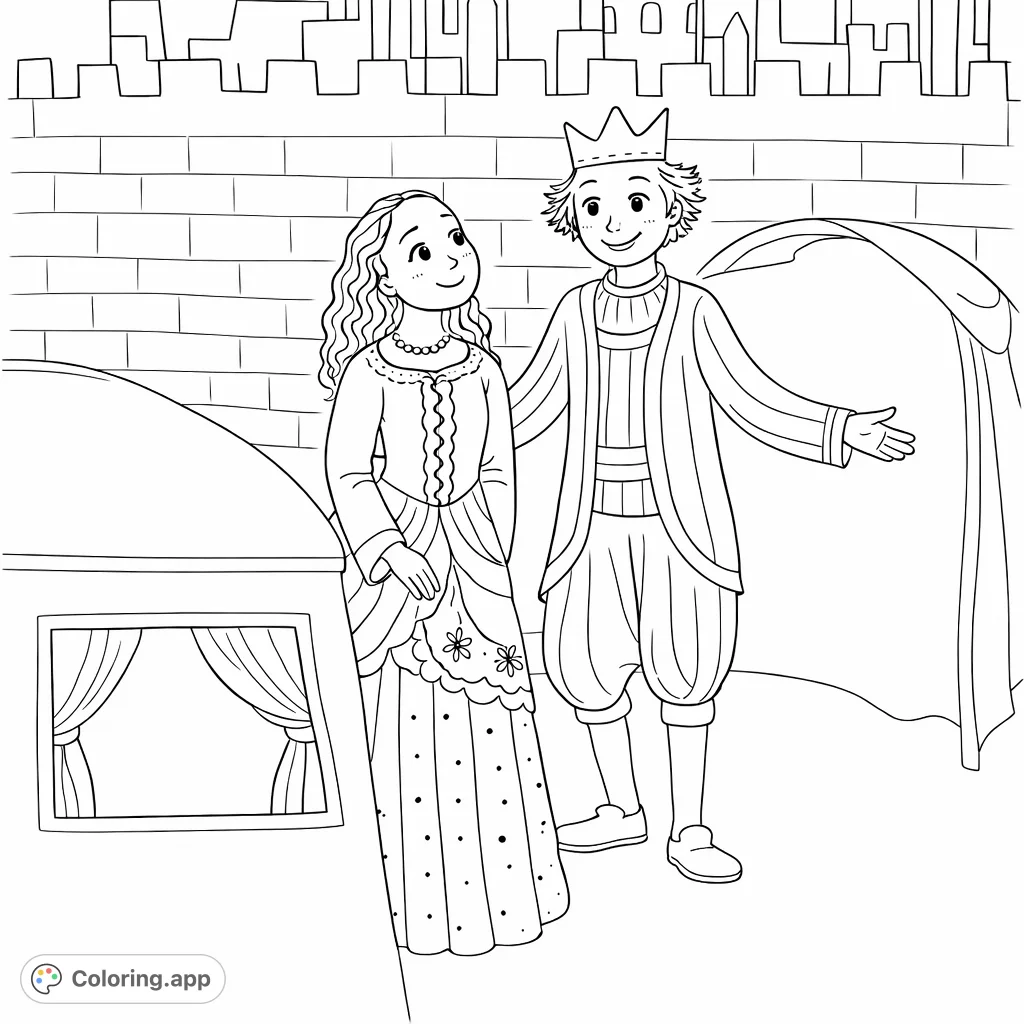 A delightful prince and princess coloring page, featuring two regal figures in front of a grand castle, with a charming carriage nearby. Perfect for fairy tale enthusiasts.