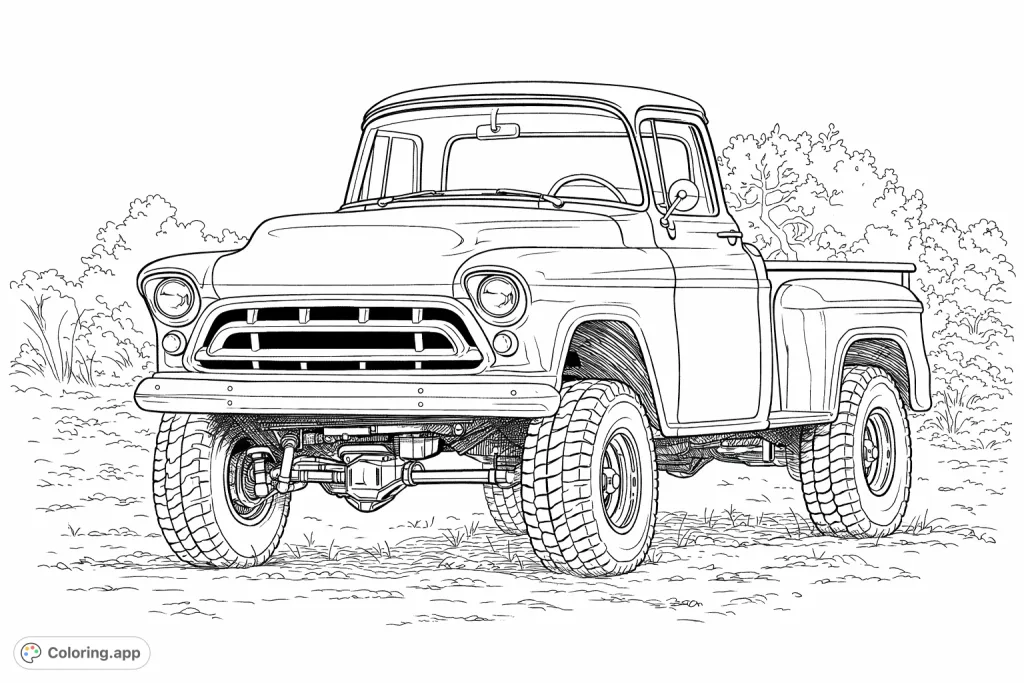 Color a classic lifted pickup truck with detailed features, prominent grille, robust tires, and an authentic outdoor setting for enthusiasts.