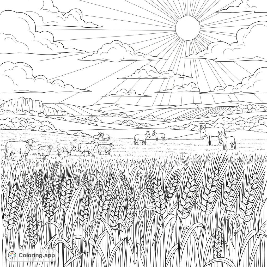 Explore an ancient Biblical wheat field coloring page featuring detailed stalks, grazing animals, rolling hills, and a prominent sun, perfect for tranquil coloring.