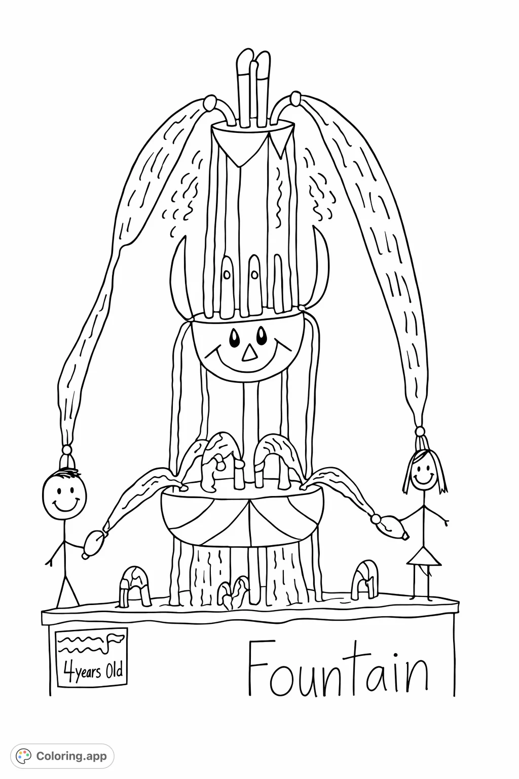 A charming, hand-drawn fountain with a friendly face, surrounded by playful water streams and cheerful stick figures. Perfect for creative exploration!