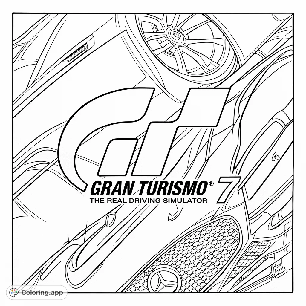 Dynamic coloring page featuring two modern sports cars and an iconic racing logo. Perfect for car enthusiasts to customize with their favorite shades.