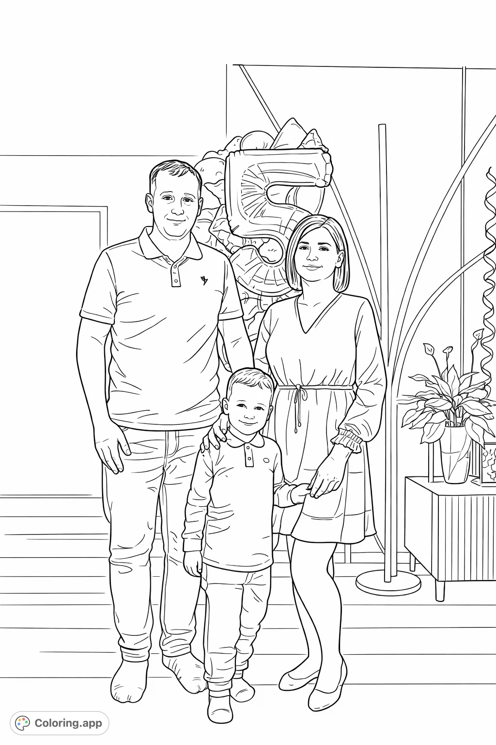 Celebrate a special moment with this family portrait coloring page. A loving family stands with festive balloons in a modern home, perfect for all ages.