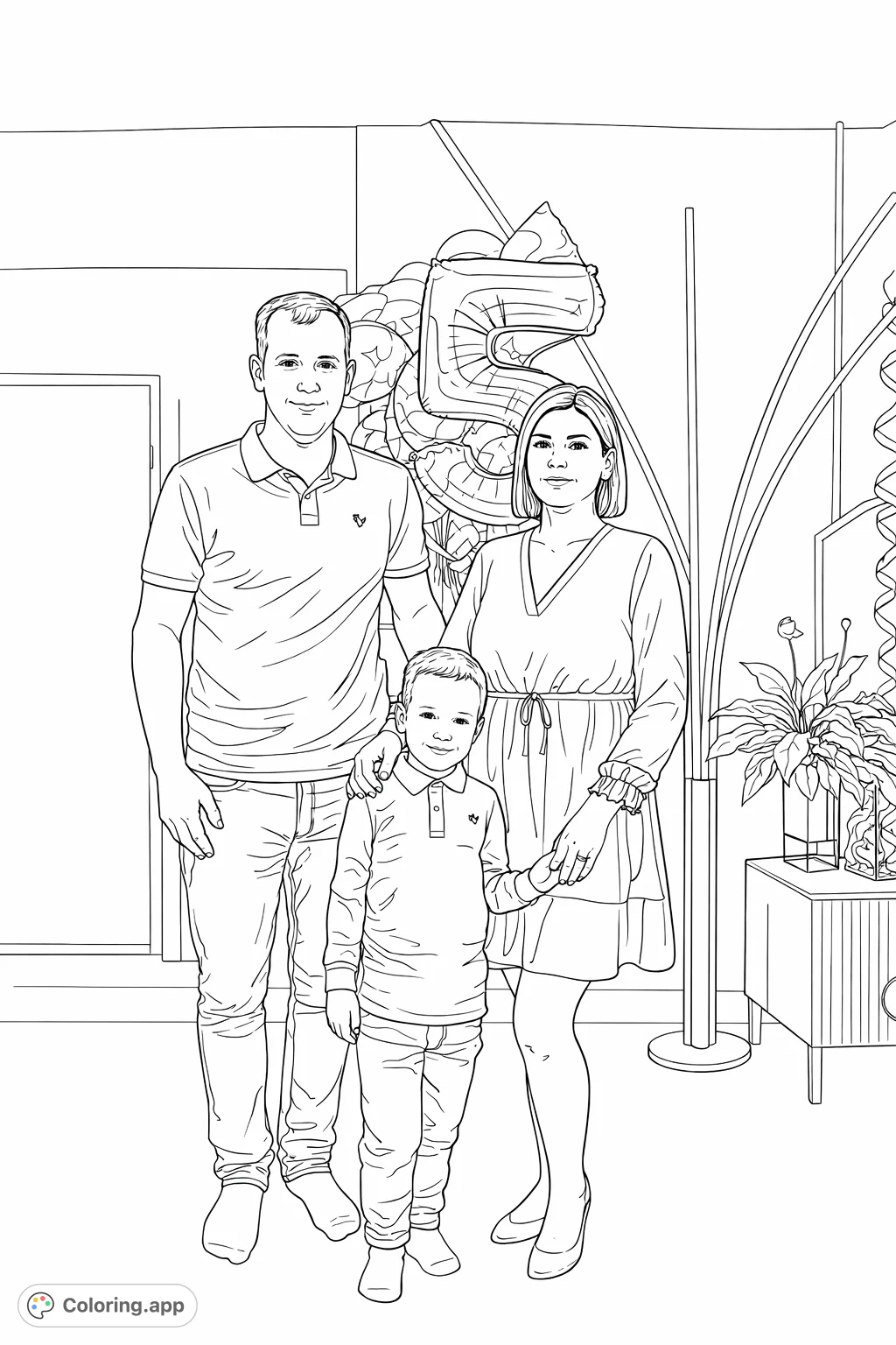 A heartwarming family portrait featuring a man, woman, and young boy, surrounded by celebratory balloons, perfect for a personalized coloring experience.
