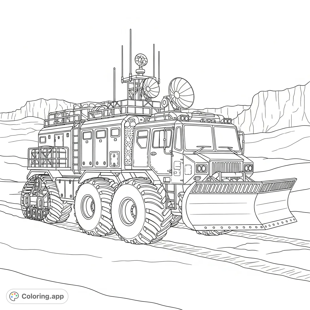 Explore the icy frontier with this arctic exploration bus coloring page. A rugged vehicle equipped for extreme research in a desolate, snowy landscape.
