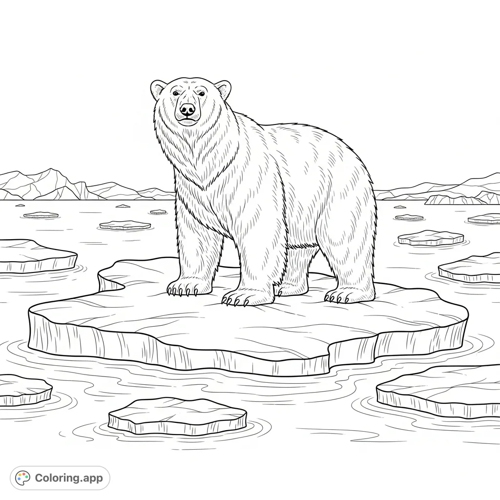 Discover the powerful beauty of a polar bear in its icy habitat. This free printable coloring page features a detailed scene of Arctic wilderness.