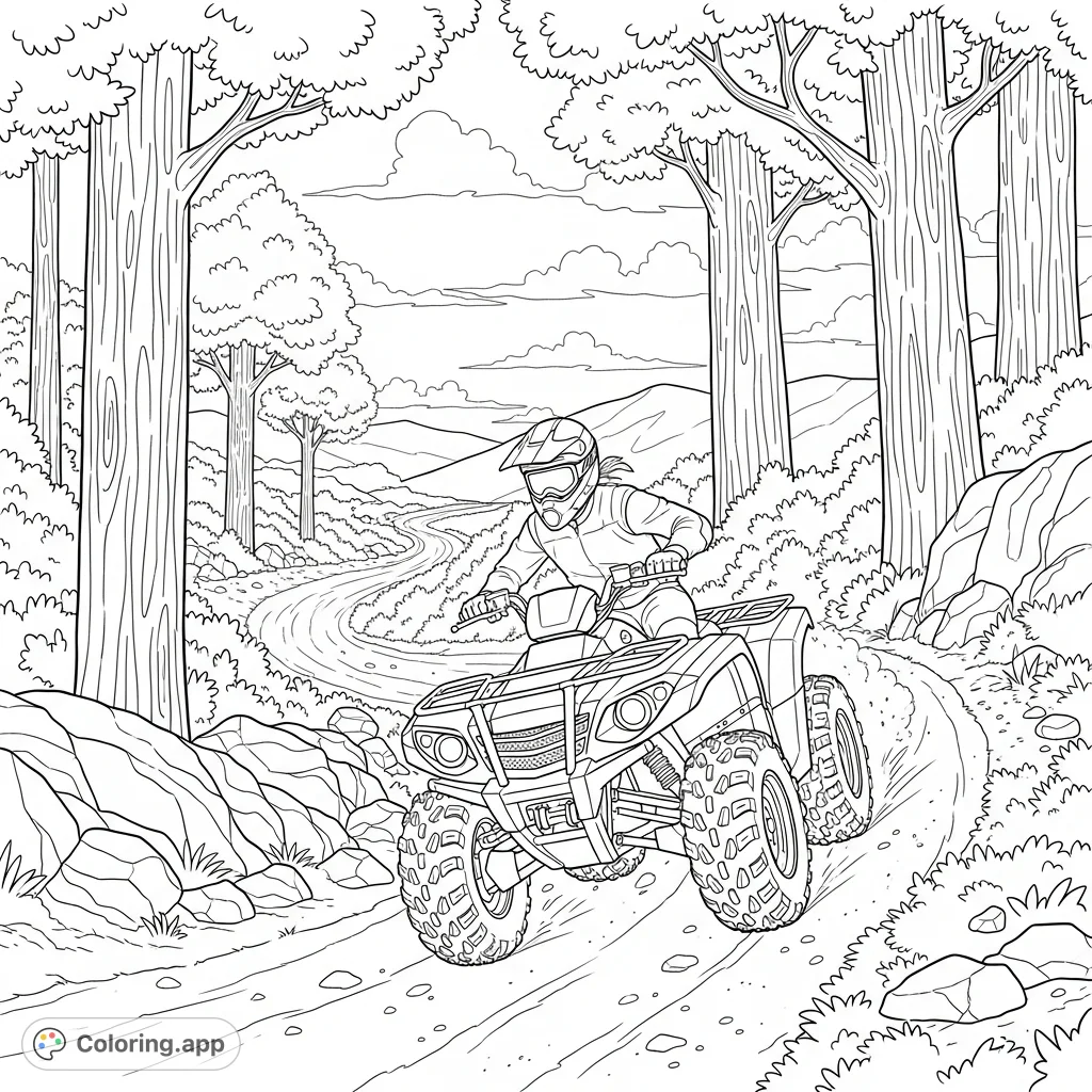 A detailed wilderness quad coloring page featuring a person on a rugged ATV navigating a rocky dirt trail surrounded by diverse flora, inviting an adventurous coloring experience.