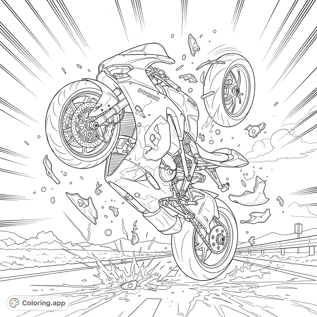 Experience the intense action of a Ducati motorcycle mid-flip with scattering parts and dynamic motion lines in this challenging coloring page.