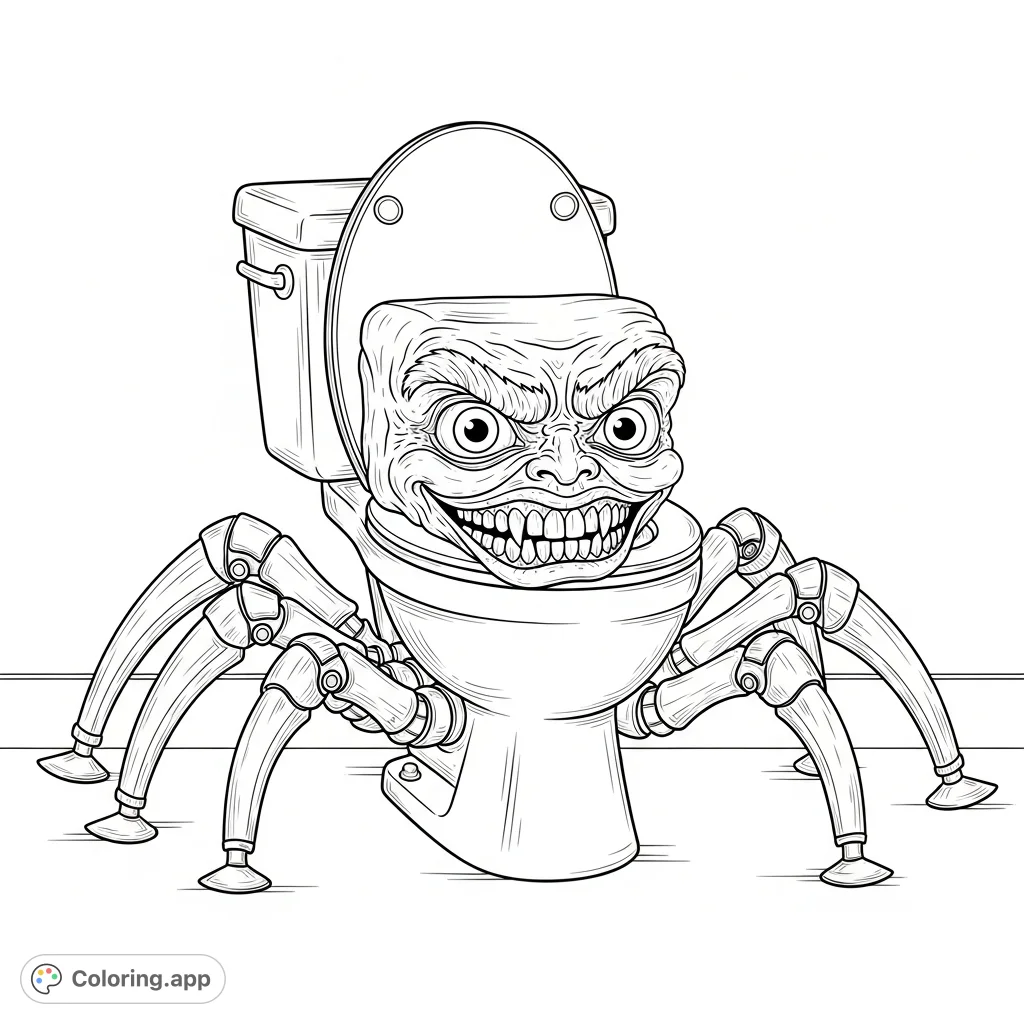 An unusual and intriguing coloring page featuring a toilet transformed into a creature with a distinct head and multiple spider-like legs. A unique and fun challenge.
