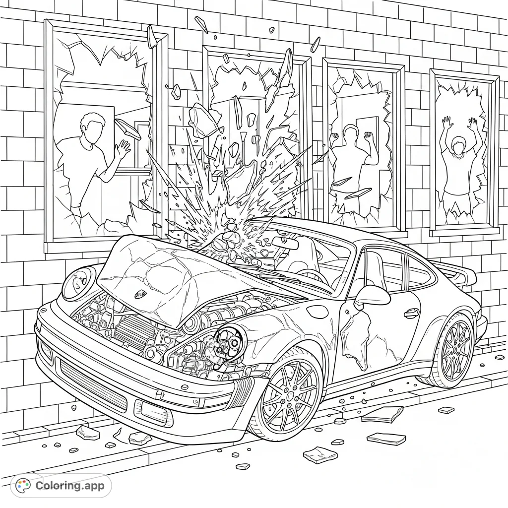 A dramatic scene unfolds as a severely damaged Porsche collides with a building, scattering debris and revealing people inside. An intense moment of impact.