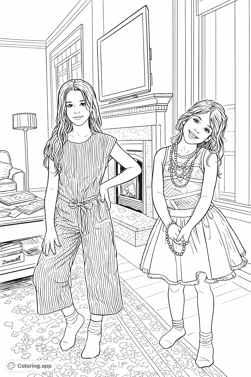 Two smiling girls strike a pose, one in a striped jumpsuit, the other in a sequined dress and jewelry, set in a cozy living room. A fun girls coloring page.
