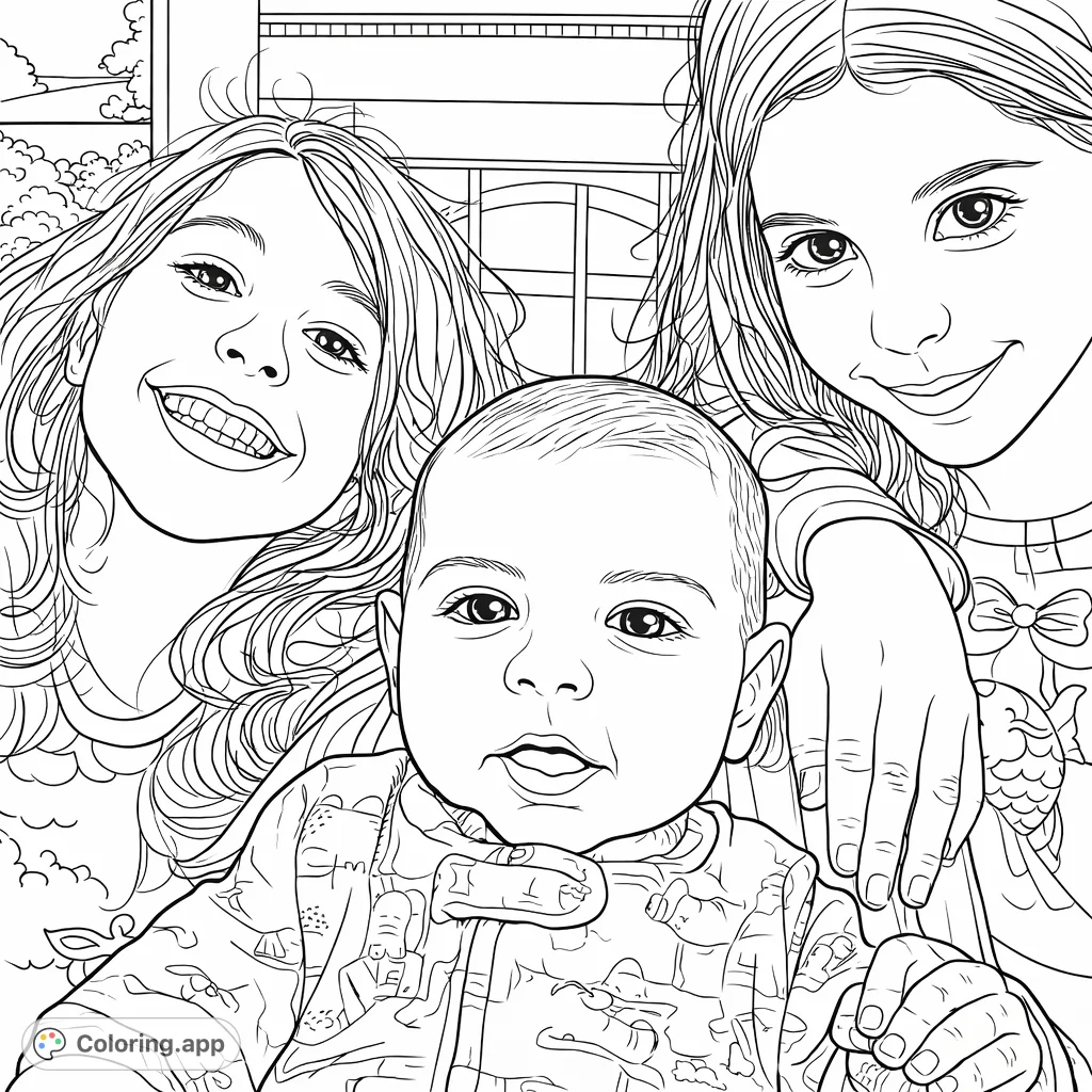 Capture the heartwarming bond of three siblings in this lovely portrait. Features an infant cradled by two older children, perfect for family-themed coloring.
