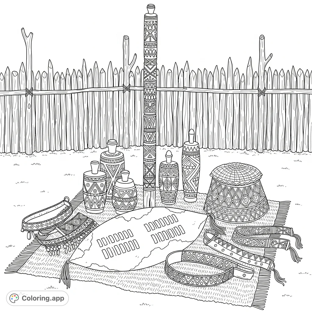 Discover a detailed traditional Swazi items coloring page featuring an elaborately carved staff, ox-hide shield, beaded regalia, and a kraal fence backdrop.