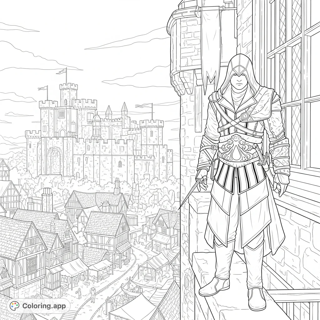 An iconic Assassin's Creed character surveys an ancient English castle and town from a high rooftop. Intricate details invite a challenging and immersive coloring experience.