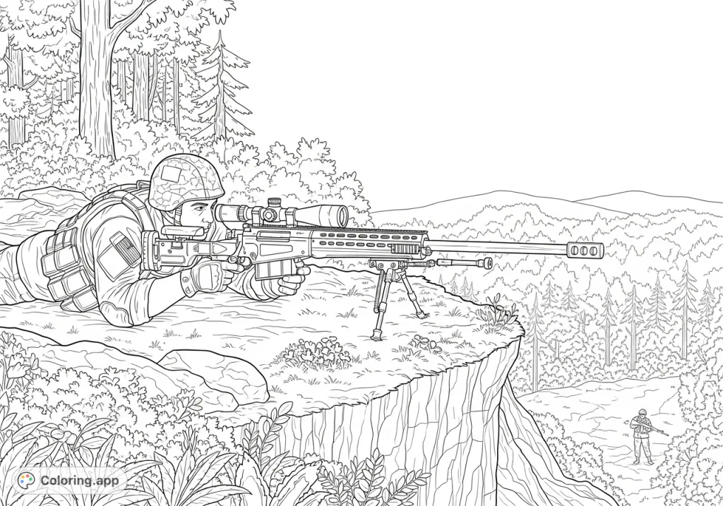 Engage with this intricate special forces sniper coloring page, depicting a detailed soldier and rifle on a hill overlooking a distant enemy.