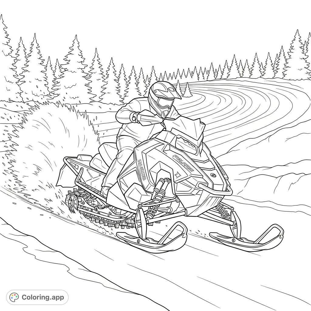 Experience the thrill of a Polaris racing snowmobile in action! This dynamic free printable features a rider mid-turn on a snowy track, perfect for enthusiasts.