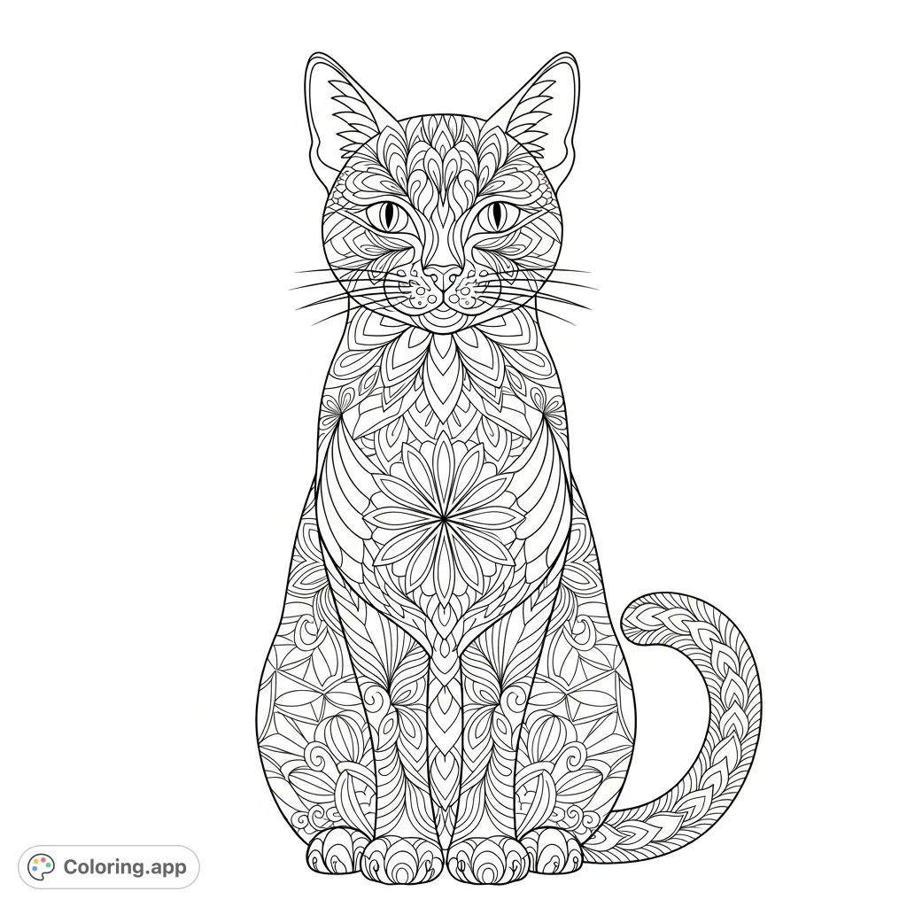 An intricate geometric cat coloring page featuring a serene feline composed entirely of repeating floral and geometric patterns, perfect for detailed coloring.