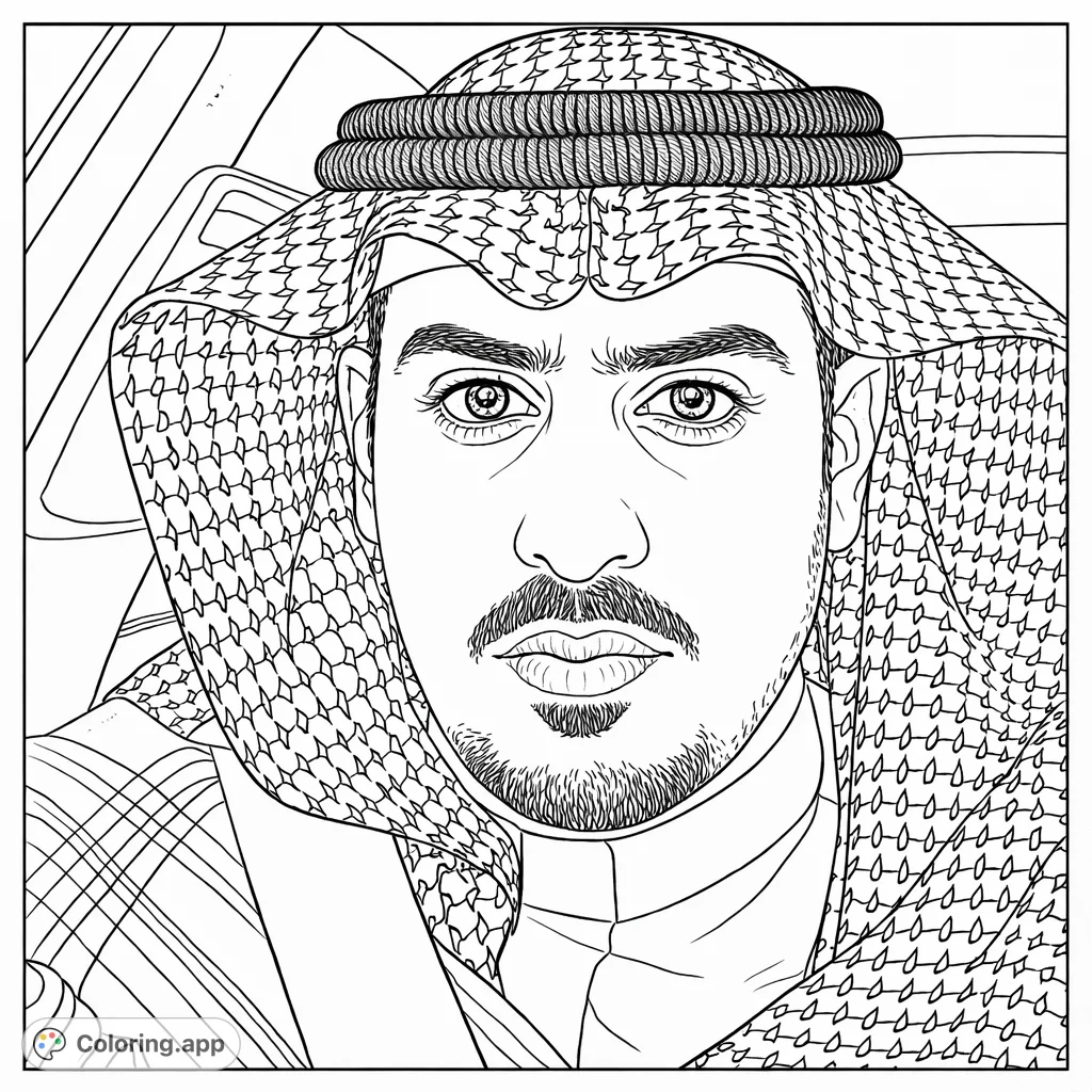 Color a detailed portrait of a man in traditional patterned headwear, featuring intricate fabric designs and realistic facial details. Engaging and challenging.