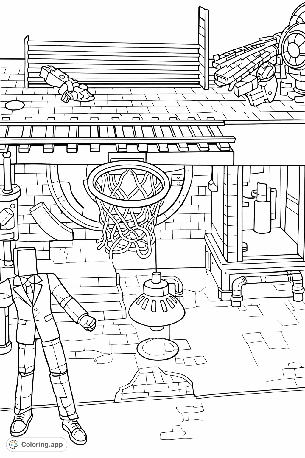 Explore a dynamic urban playset scene featuring action figures, a futuristic aircraft, and detailed structures like brick platforms, railroad tracks, and a basketball hoop. Perfect for creative expression!