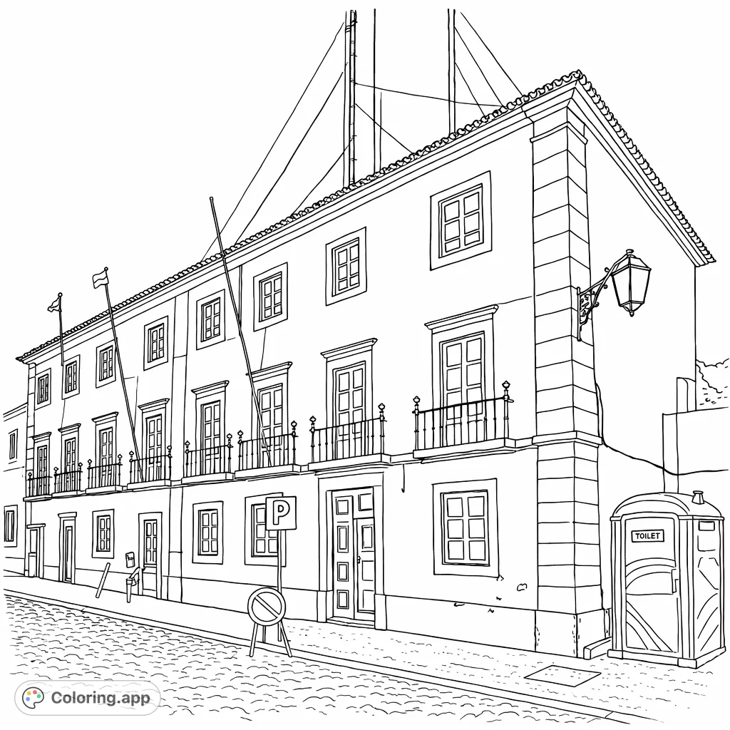 Color a detailed historic building facade with ornate windows, stone trim, and a cobblestone street. Perfect for architectural enthusiasts!