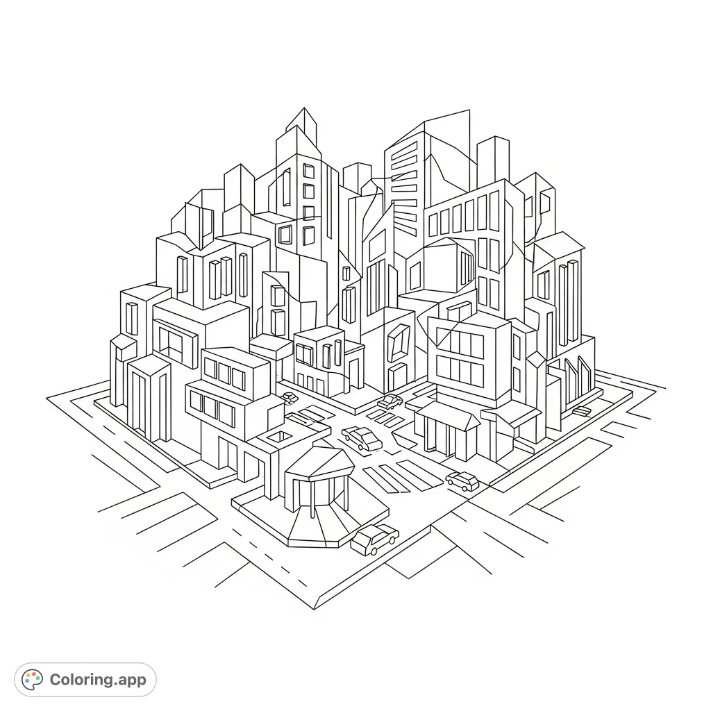 Explore a fascinating cubist cityscape coloring page, featuring angular buildings and overlapping geometric forms, offering a unique artistic challenge.