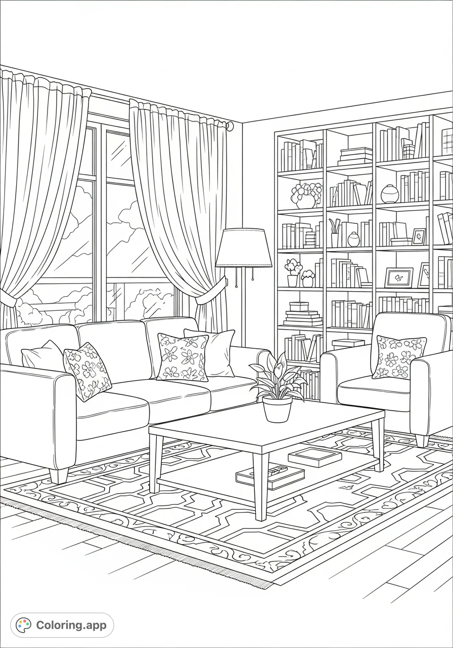 Explore a detailed house interior coloring page featuring a cozy living room with plush furniture, a patterned rug, and a window view, perfect for relaxation.