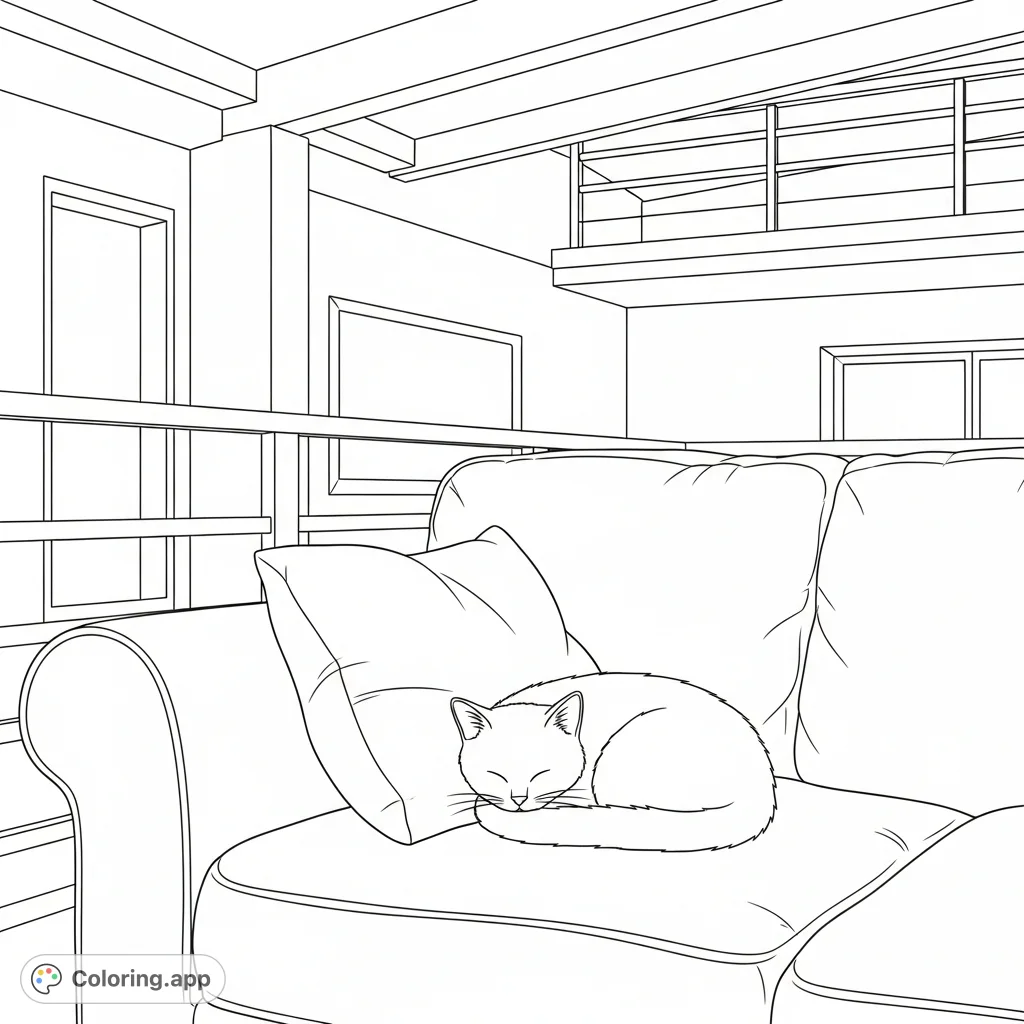 Discover a charming loft interior featuring a peaceful cat curled up on cozy seating. Perfect for a relaxing coloring escape.
