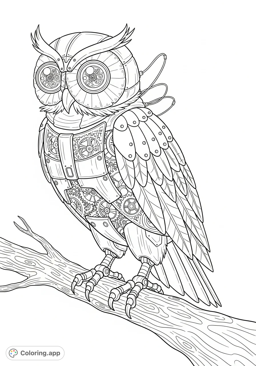 An intricately detailed mechanical owl, composed of gears and articulated plates, perched on a textured branch. Perfect for challenging colorists.