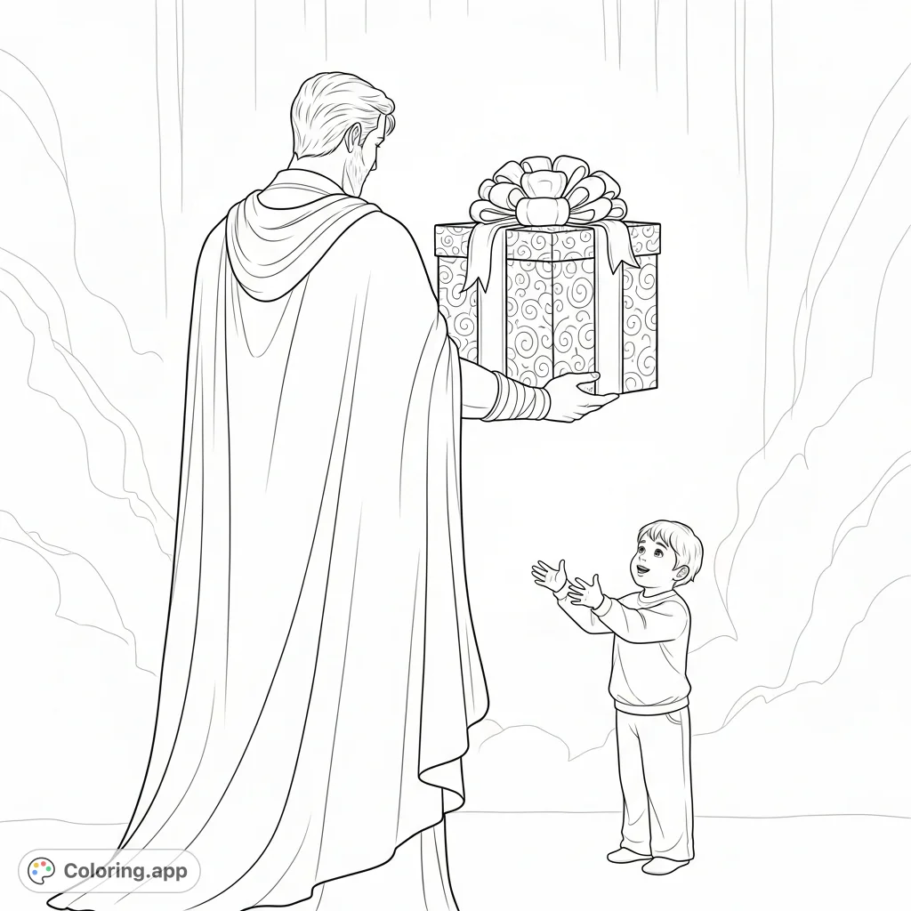 A powerful figure, representing God, gently offers a large, wrapped gift to a young boy, who receives it with wonder. A scene of profound generosity and innocence.