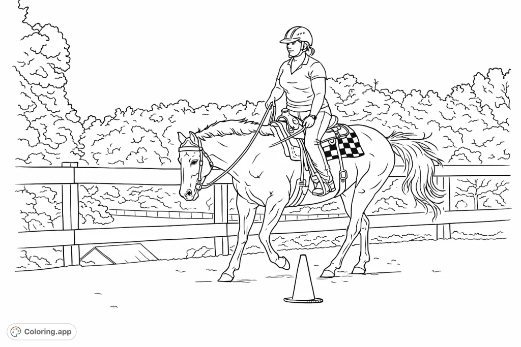 An equestrian on horseback practices in an arena, navigating an obstacle. Detailed horse, rider, and scenic background invite creative expression for all horse lovers.