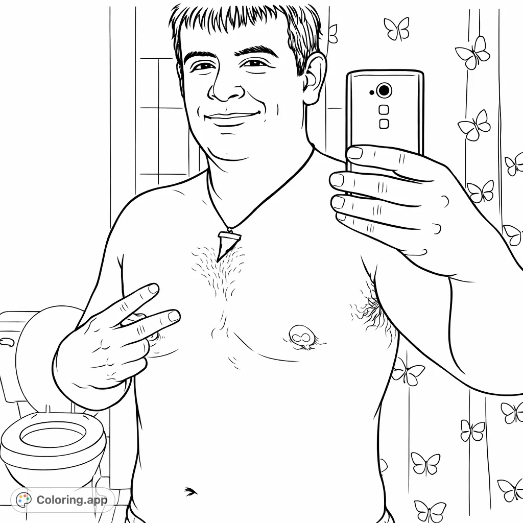 A casual portrait of an individual taking a selfie, featuring a shark tooth pendant and a peace sign gesture. A patterned curtain and a toilet are in the background.