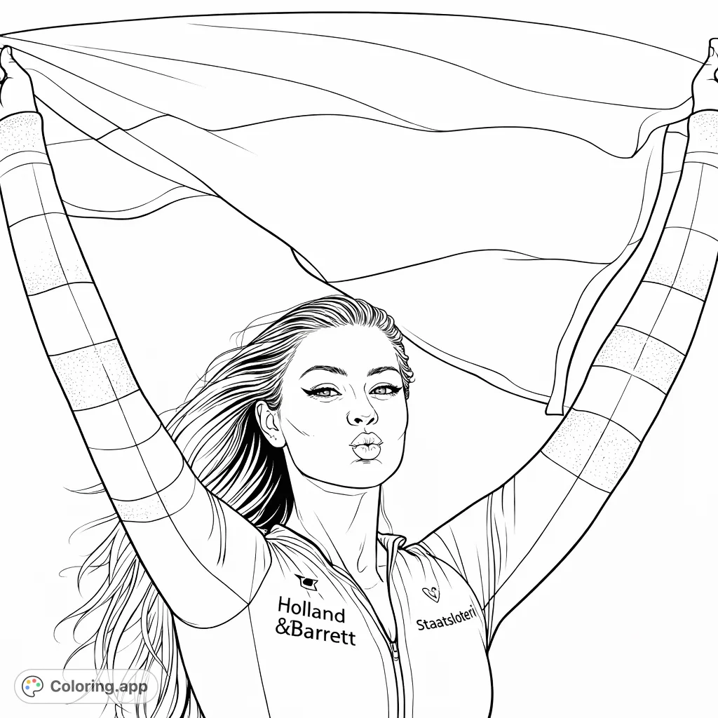 An athletic woman holds a waving flag high, striking a playful pose. A dynamic scene capturing a moment of triumph, perfect for coloring enthusiasts.
