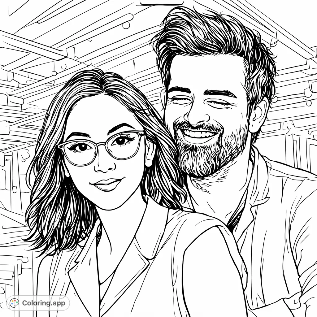 Capture the joy of two smiling individuals in a close-up portrait. Perfect for exploring expressions, facial features, and background details with your chosen palette.