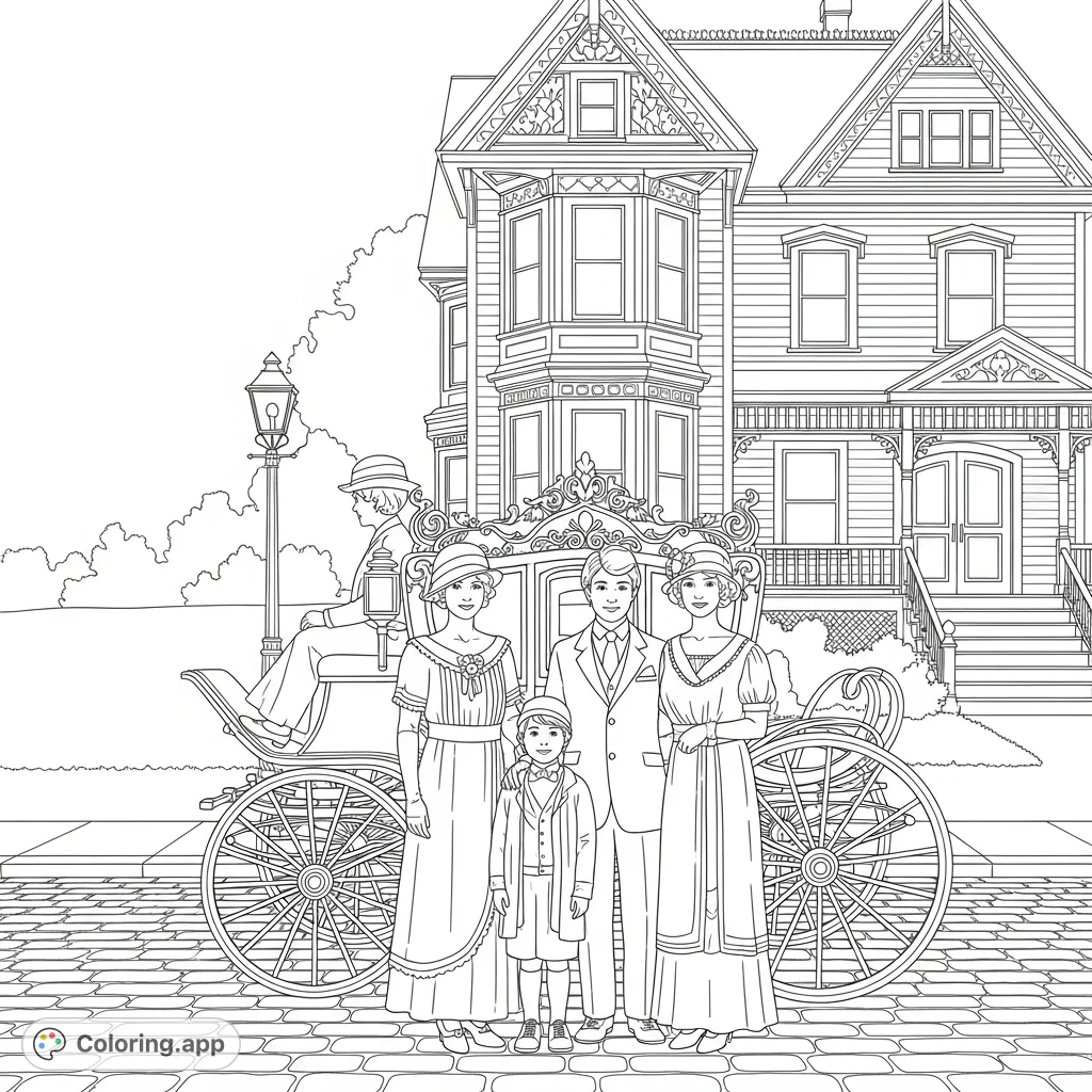 Step back in time with a 1920s family portrait on a charming Victorian street. Features a detailed carriage and grand architecture, perfect for historical coloring.