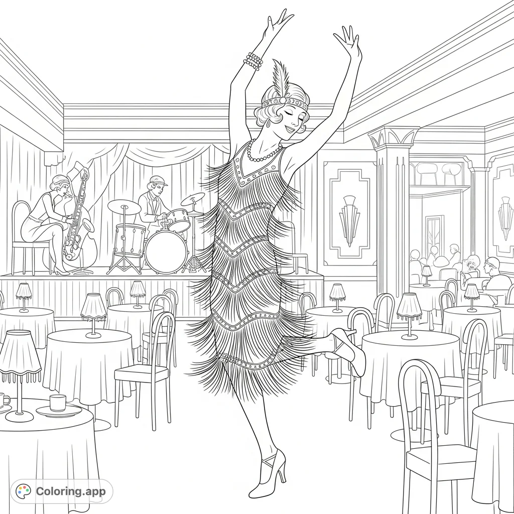 A lively 1920s flapper woman dancing energetically in a bustling jazz club scene, perfect for vintage enthusiasts. Download this free printable coloring page!
