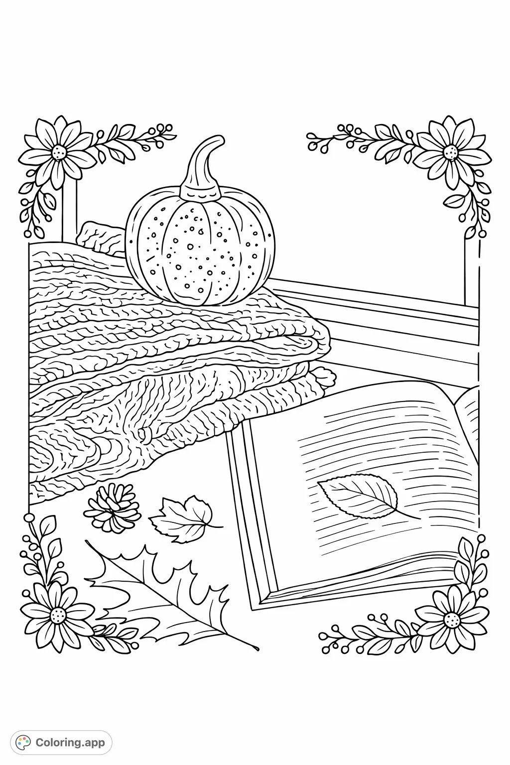 A cozy autumn scene featuring a glowing decorative pumpkin, soft knitted blankets, an open book, and fallen leaves, enhanced with decorative borders.