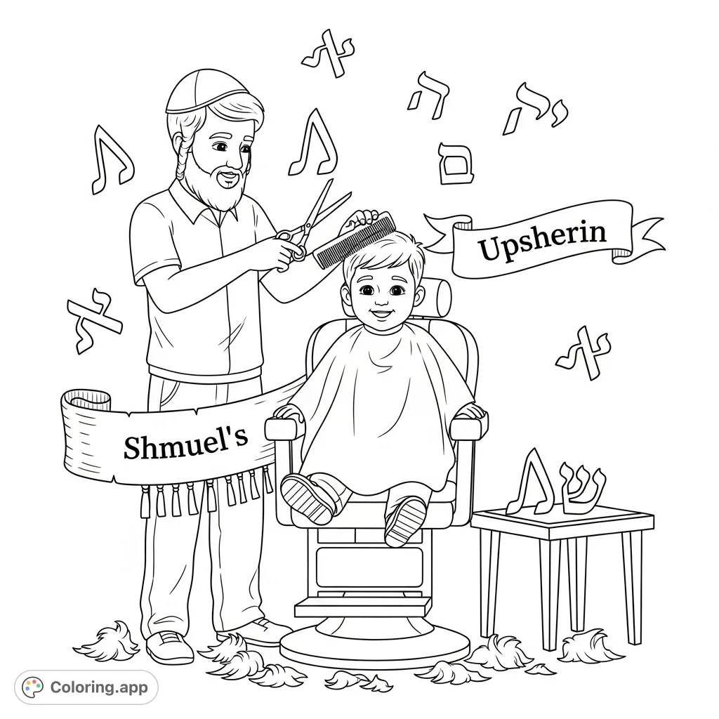 Capture Sholom's first haircut with his Chabad dad, featuring floating Hebrew letters and a 'Sholom's Upsherin' banner. A sweet, meaningful scene.