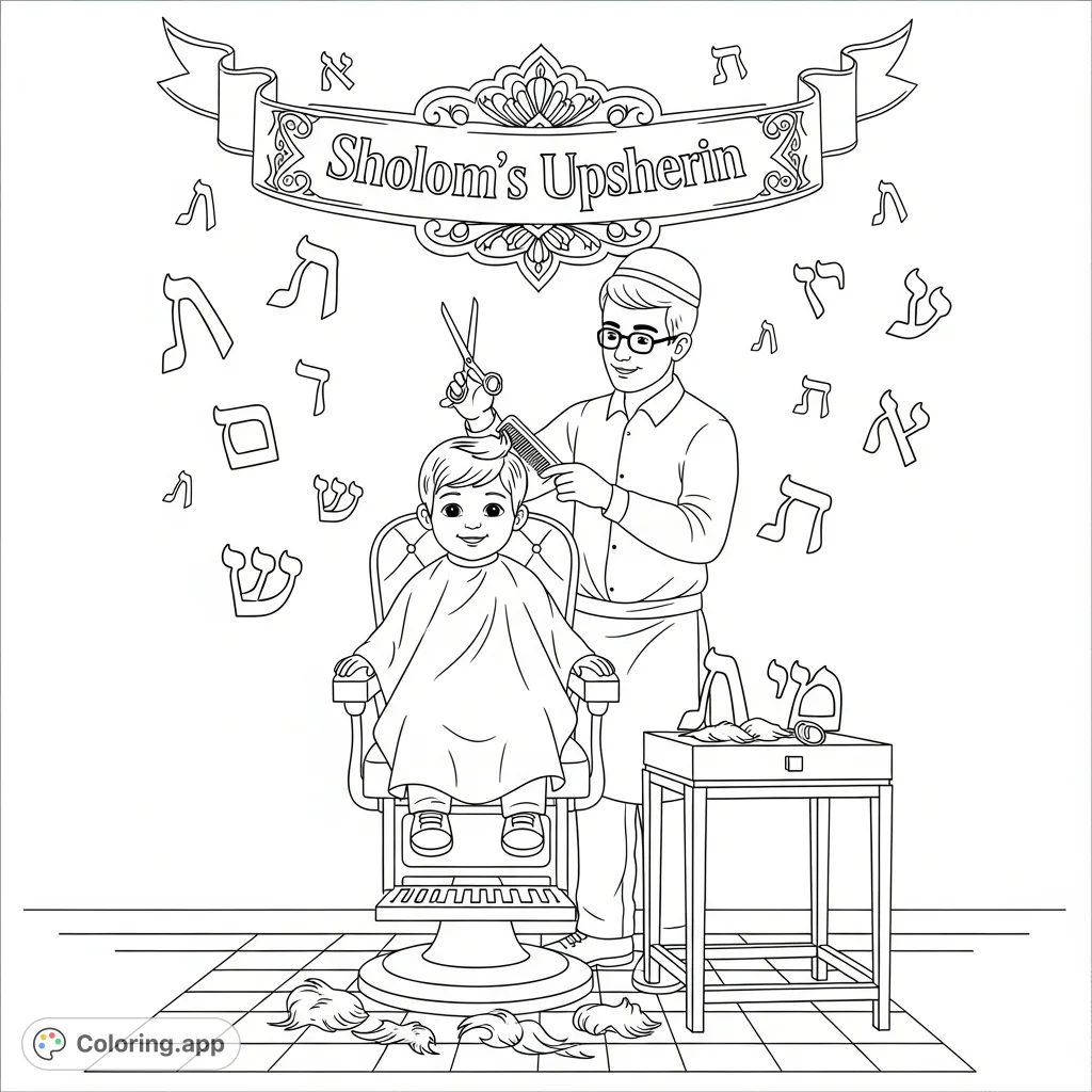 Celebrate a special milestone with this charming 'Sholom's Upsherin' coloring page, depicting a boy's first haircut with Hebrew Aleph Beis letters.