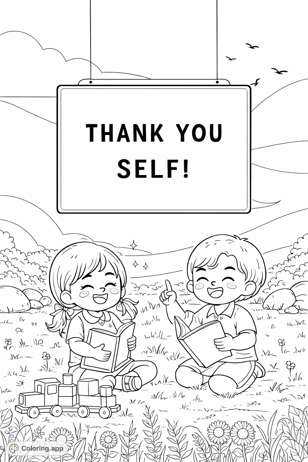 A delightful scene of two joyful children reading books in a serene outdoor setting, complete with a toy train and a message of self-appreciation.