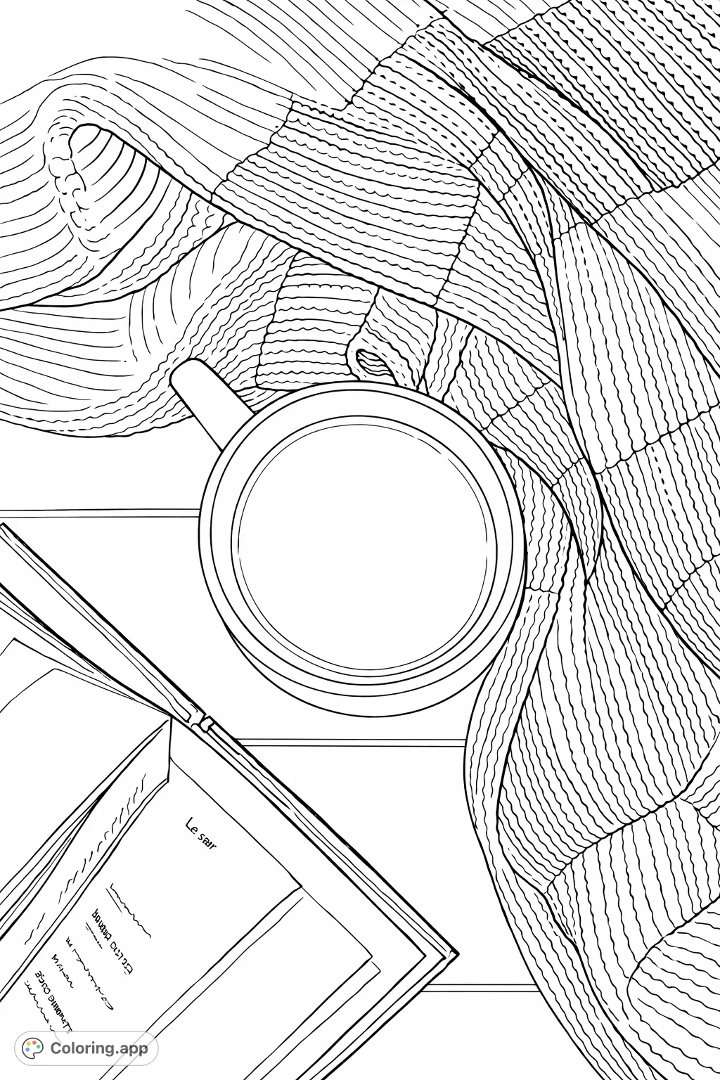 A comforting still life scene featuring a warm mug, an open book, and a soft knitted blanket on a planked surface. Perfect for a relaxing coloring page experience.