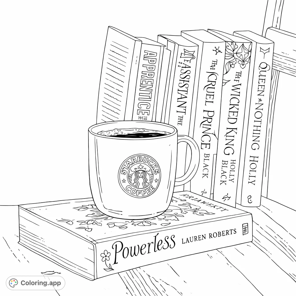A comforting scene featuring a mug of warm beverage perched on a decorative book, surrounded by a stack of novels, perfect for a peaceful coloring session.