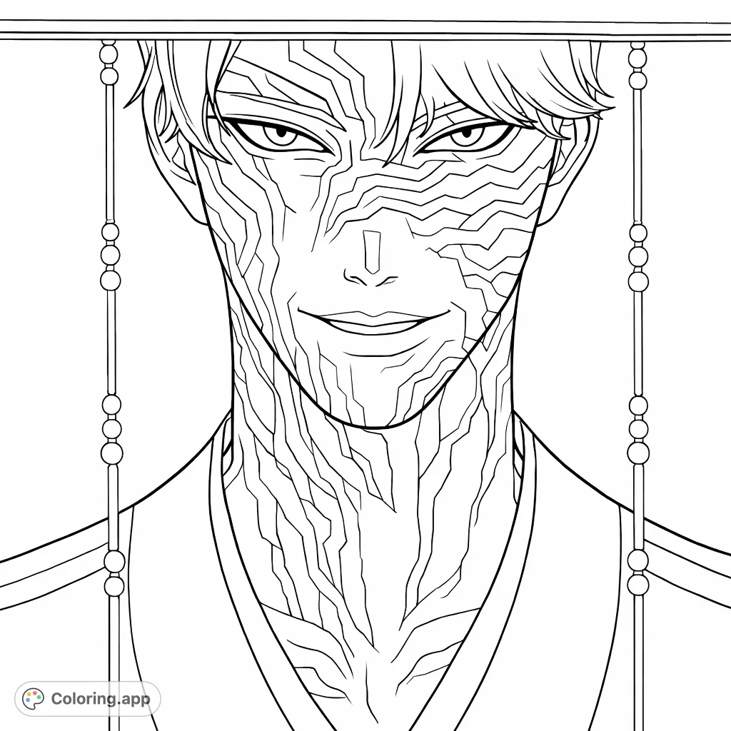 An enigmatic character portrait featuring intricate facial and neck markings, sharp features, and beaded accessories, perfect for a detailed coloring experience.